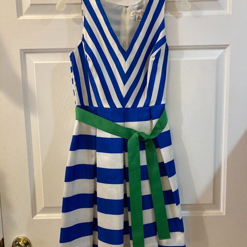 Kim Rogers Blue White Striped Sleeveless Knee Length Belted Dress Size 4P